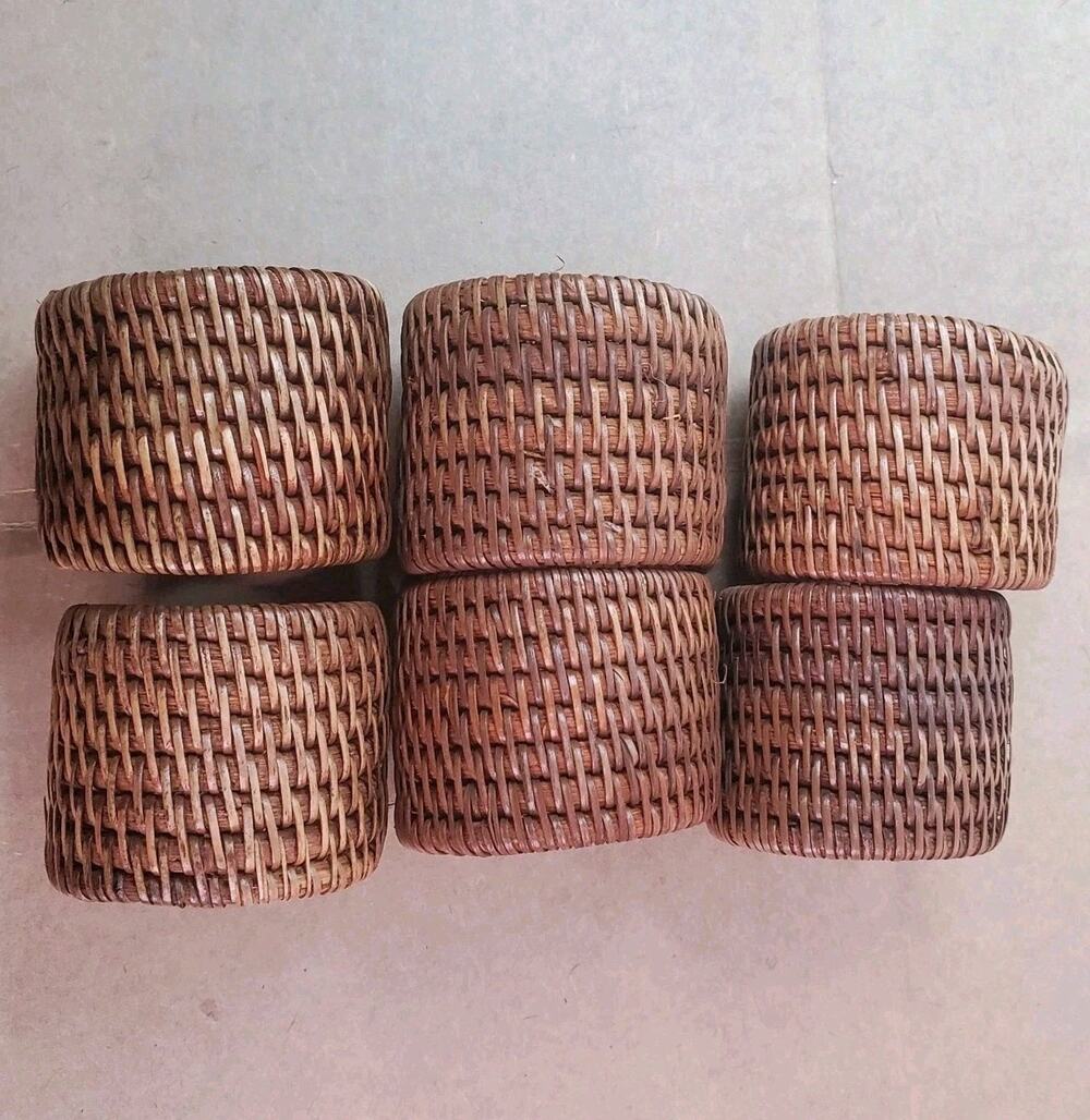 Set of 6 Woven Rattan Wicker Napkin Rings Brown Rustic Coastal Farmhouse Boho
